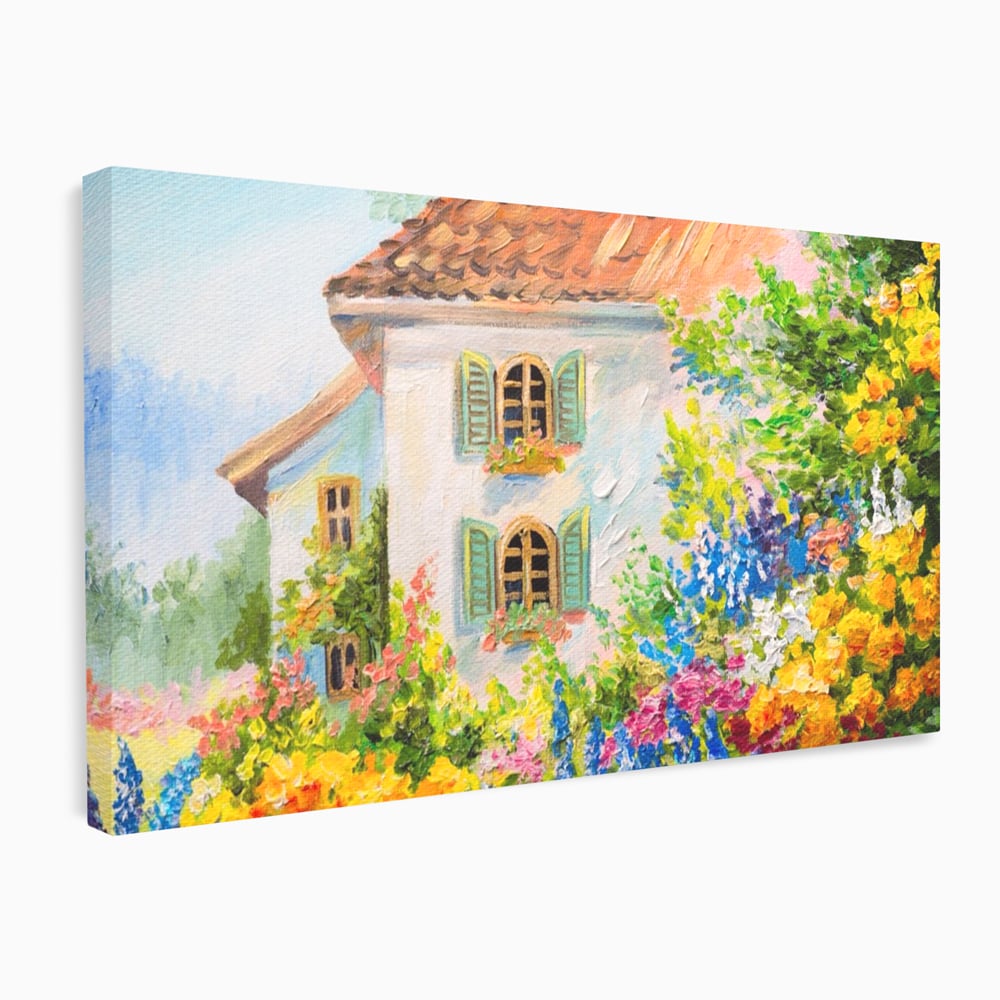 Tablou canvas cu pictura cu casa alba si flori, fara rama, pe sasiu de lemn